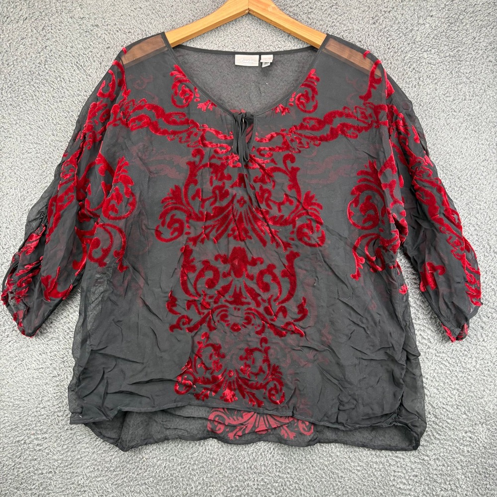 Travelers by Chicos Womens 2 Black Red Velvet Burnout Damask Blouse Sheer Top